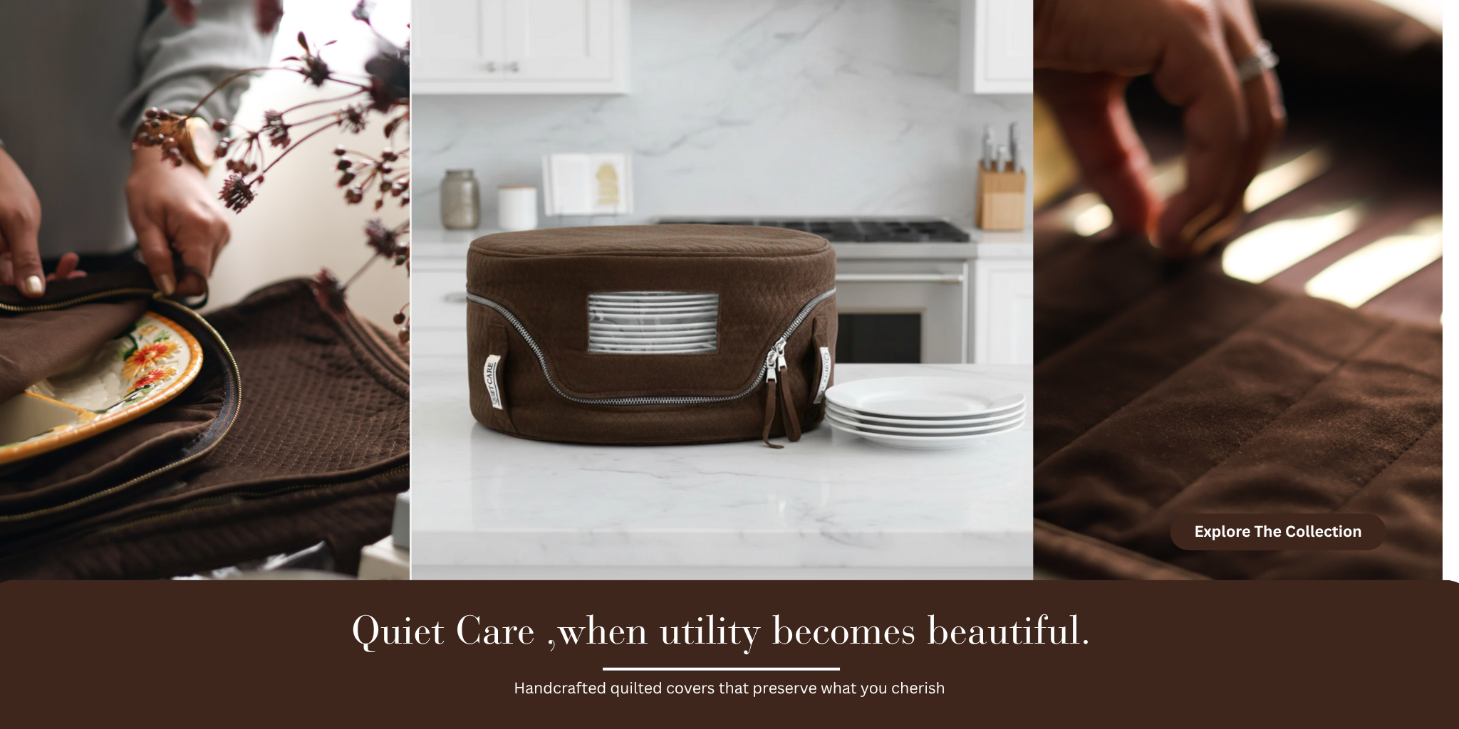 Brown folded fabric with a brand logo on a marble countertop, surrounded by lifestyle images of people using the product.