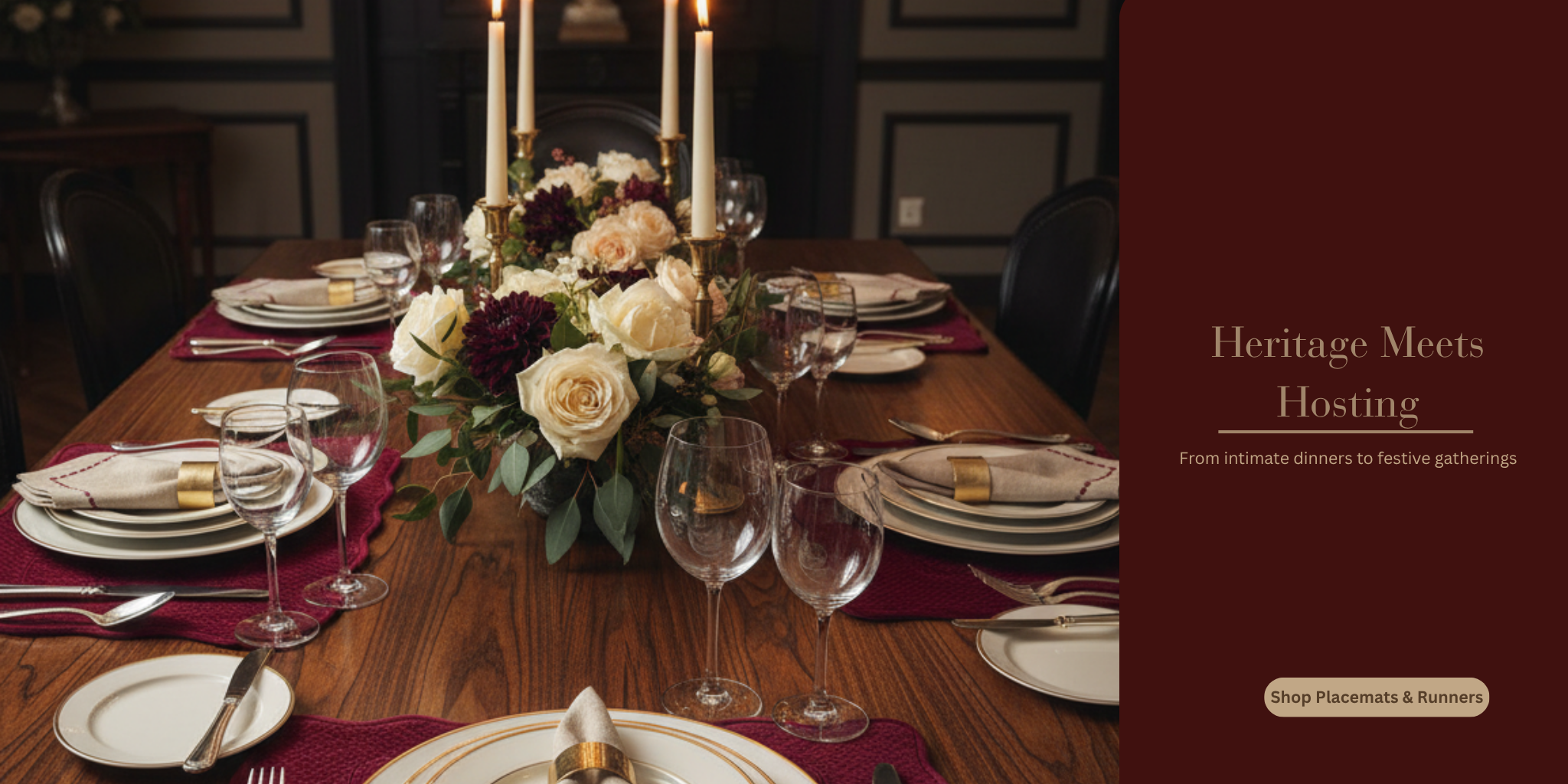Elegant dinner table setting with flowers and candles, featuring the text 'Heritage Meets Hosting'.