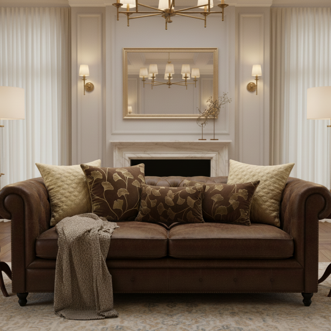 Brown sofa with decorative pillows in a stylish living room.