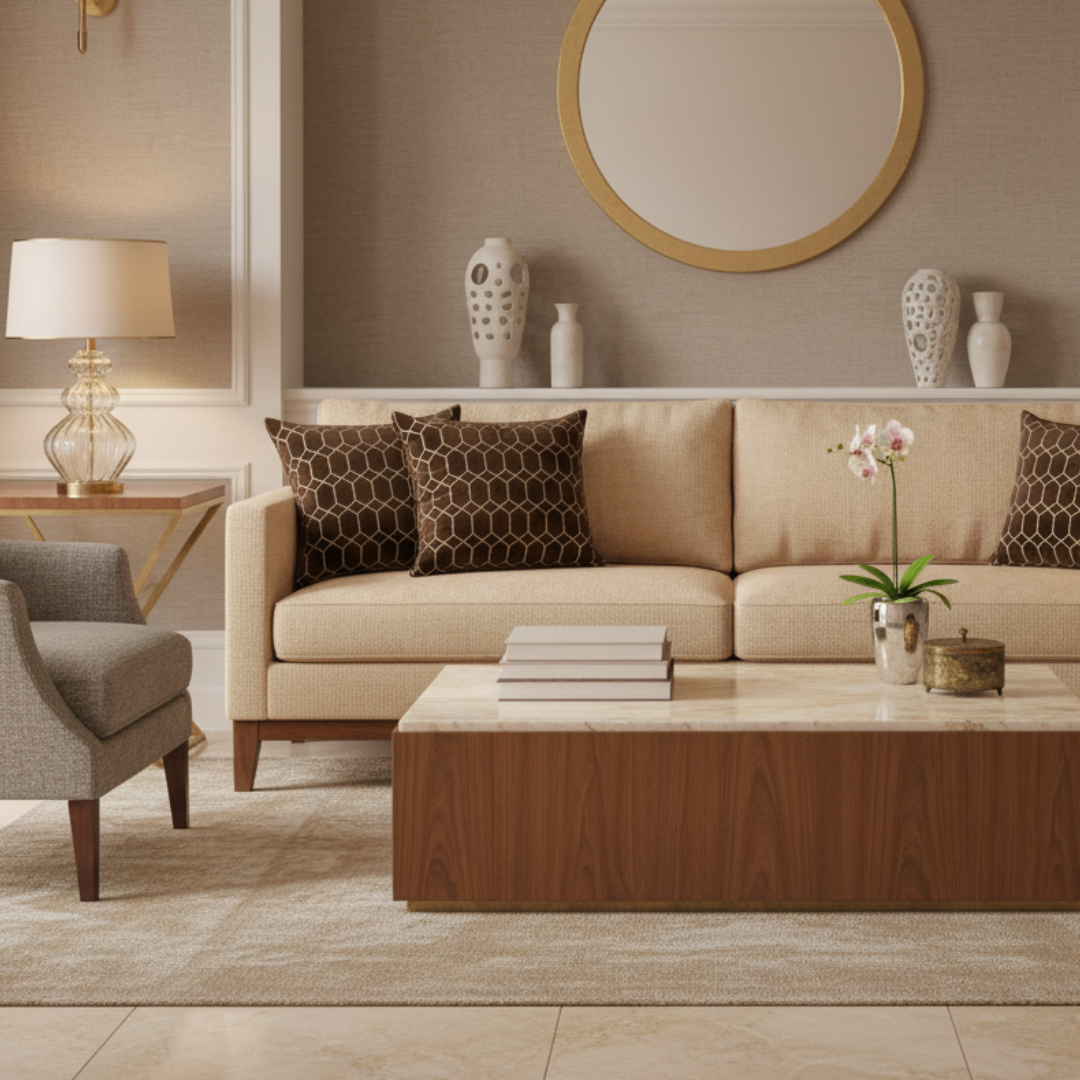 Modern living room with beige sofa, brown coffee table, and decorative elements.