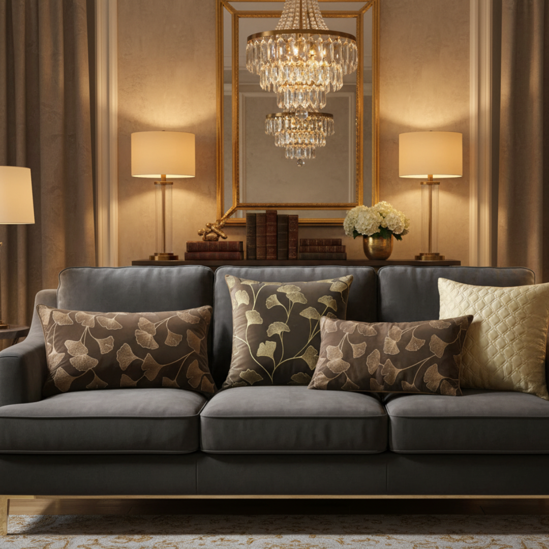 Gray sofa with decorative pillows in a luxurious living room setting.