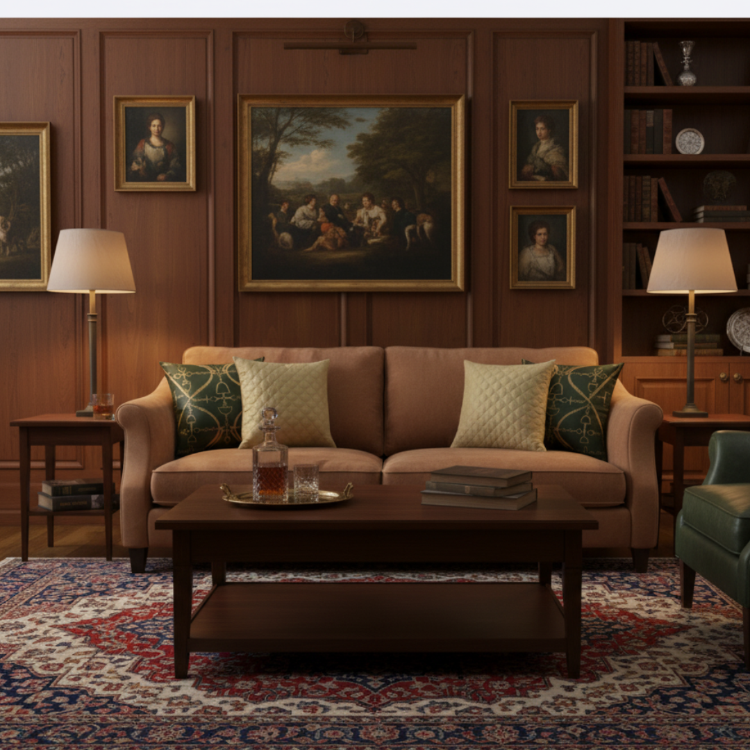 Living room with a brown sofa, coffee table, and decorative elements.