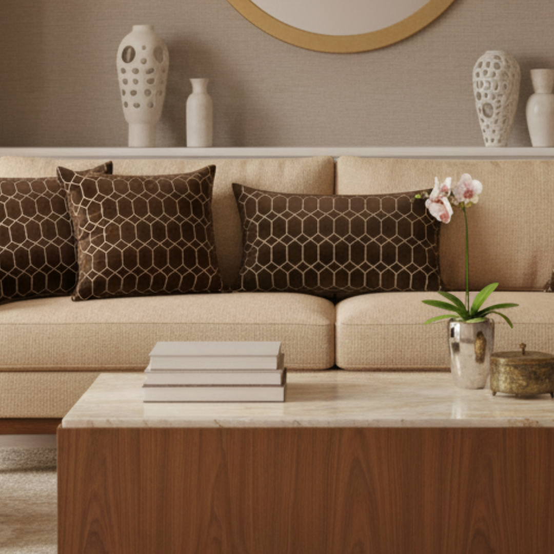 Beige sofa with patterned brown cushions, marble coffee table, and decorative items in a living room.