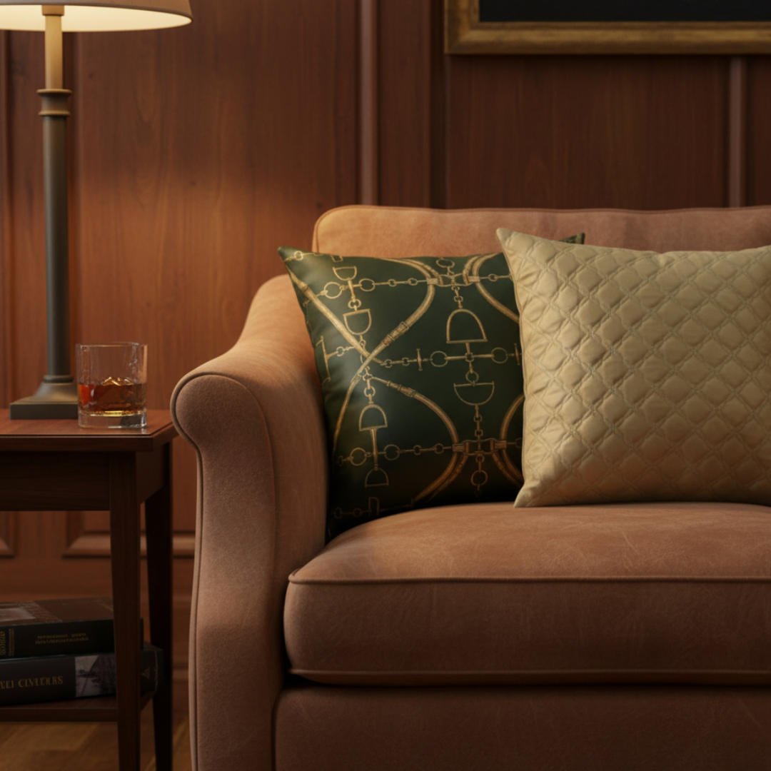 Brown sofa with decorative pillows and a glass of whiskey on a side table in a cozy room.