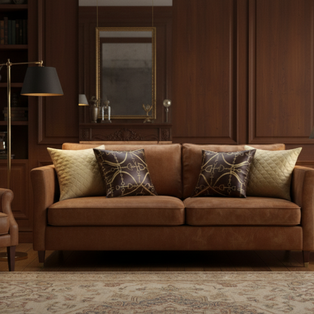 Brown sofa with decorative pillows in a cozy living room setting.