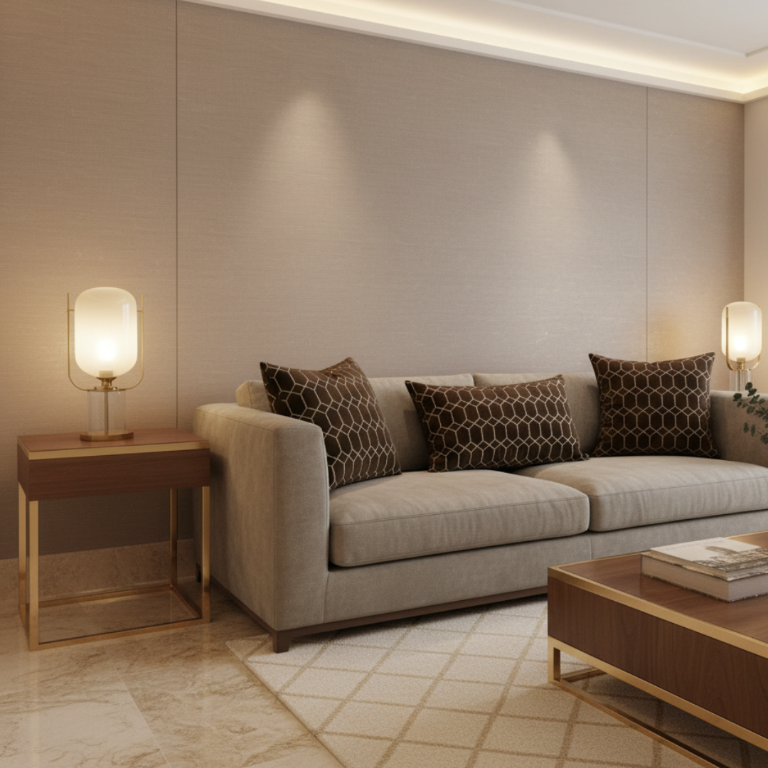 Modern living room with beige sofa, side table, and lamps.