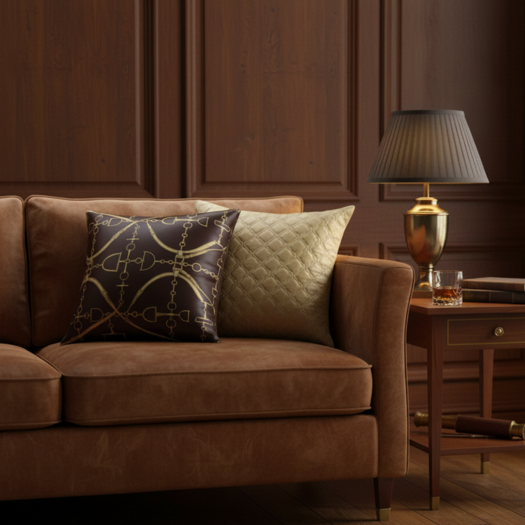 Brown sofa with decorative pillows in a room with wooden paneling and a lamp.