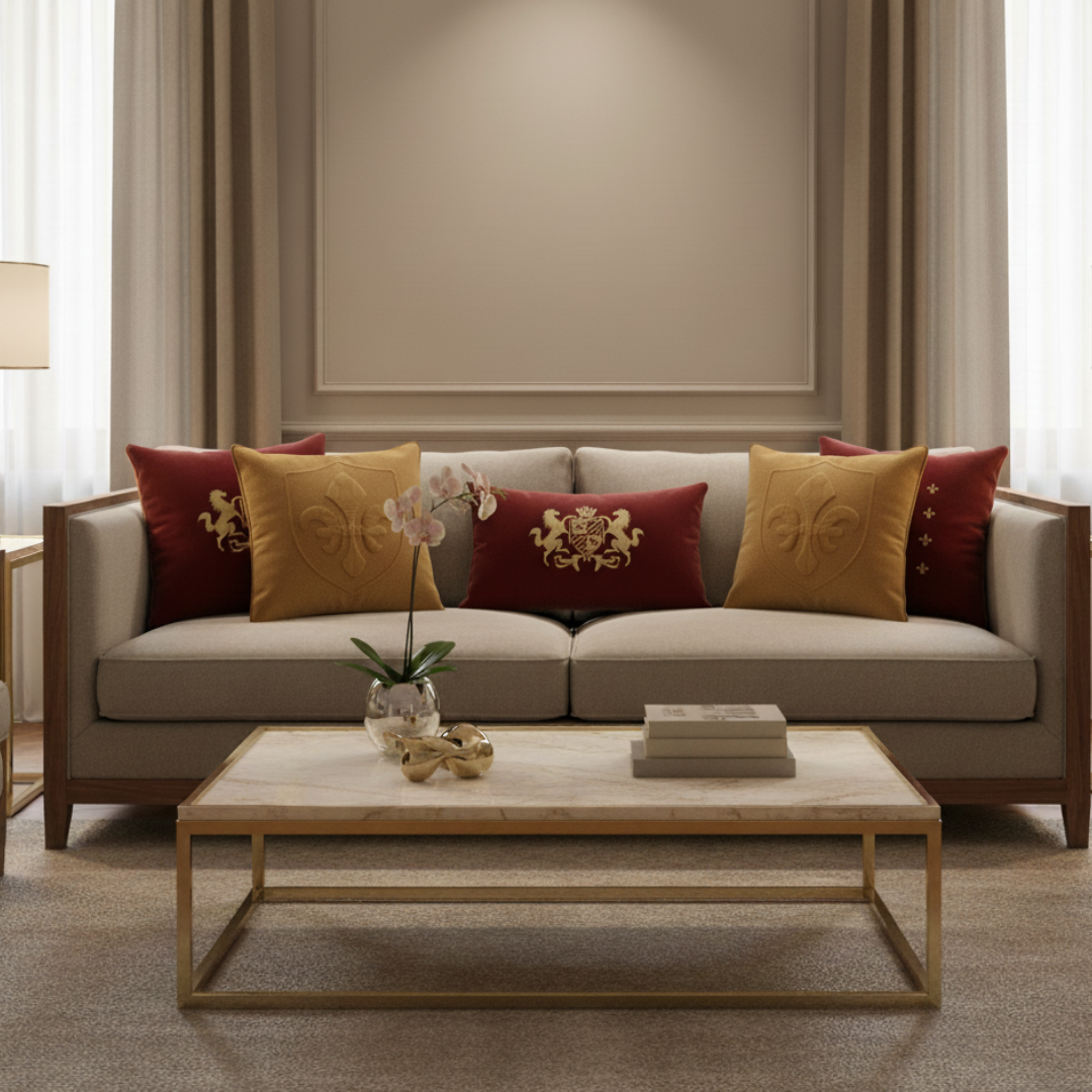 Beige sofa with decorative pillows in a living room setting