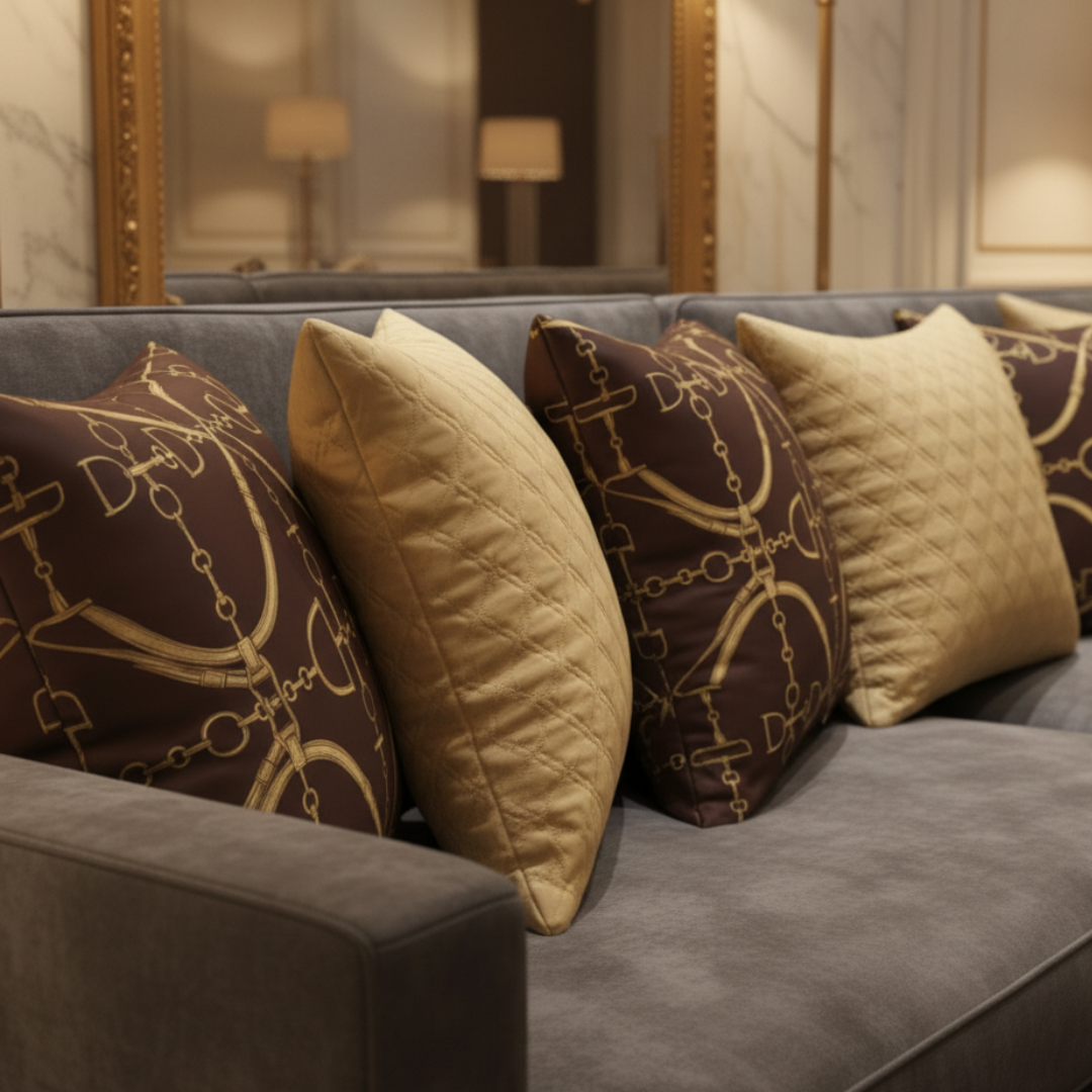Gray sofa with decorative pillows featuring gold patterns in a room with mirrors.