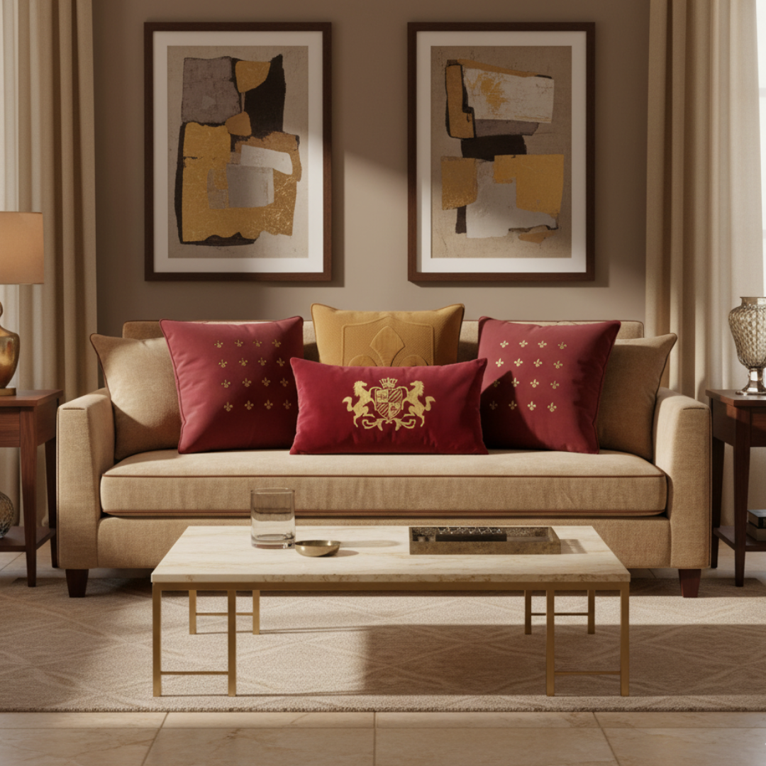 Living room with beige sofa, decorative pillows, and abstract art on the wall.