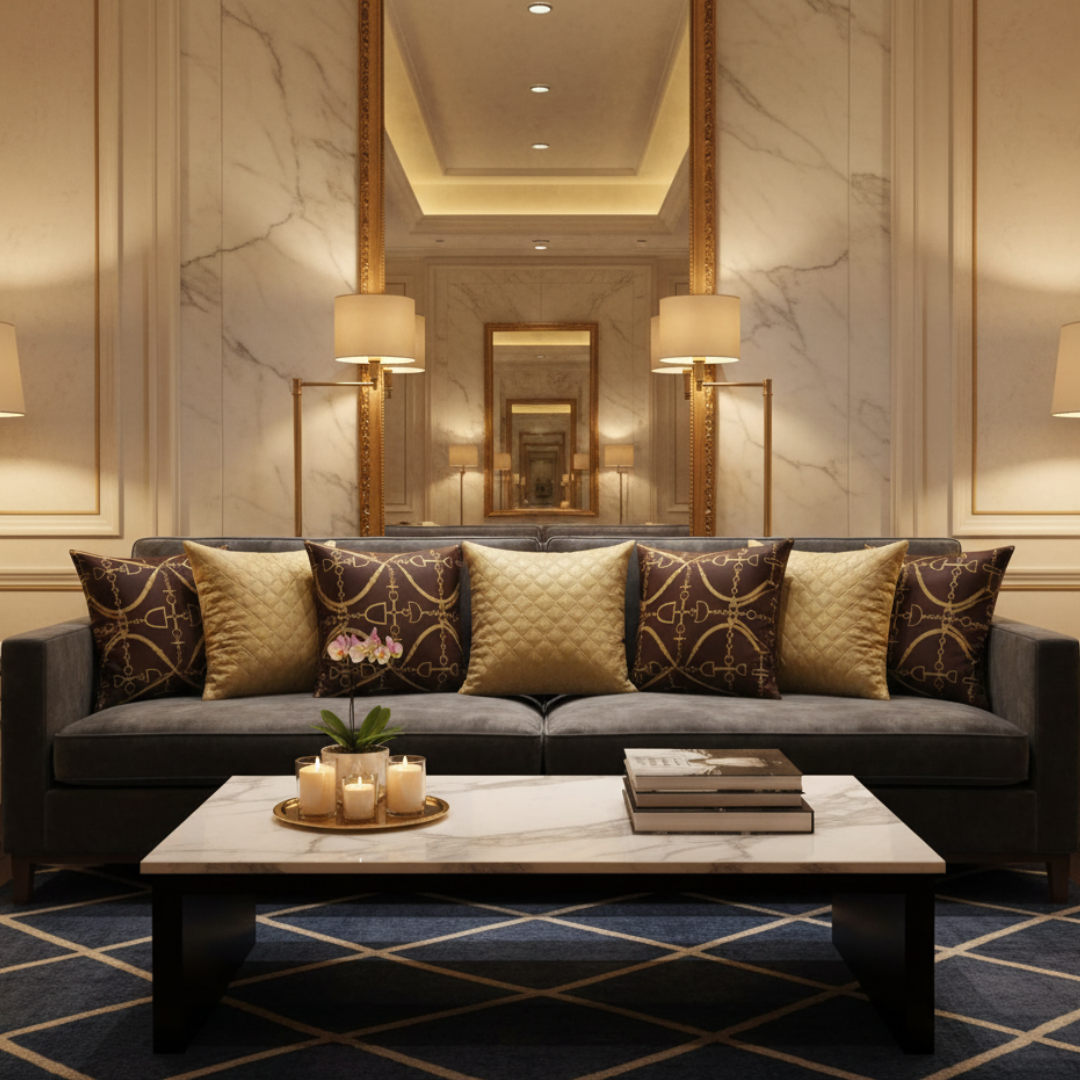 Luxurious living room with a gray sofa, decorative pillows, and a coffee table.