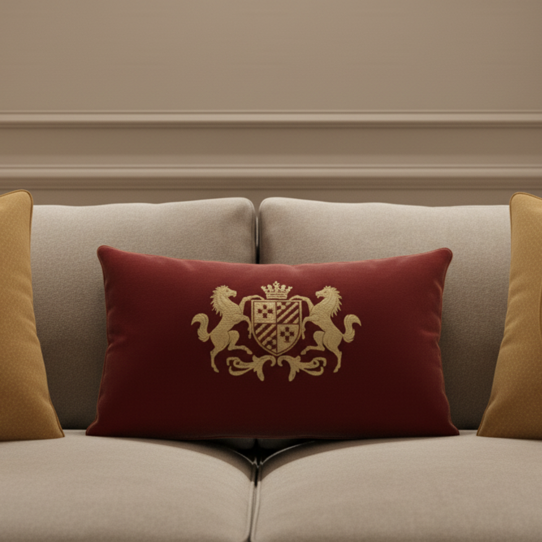 Red pillow with a gold emblem on a beige sofa