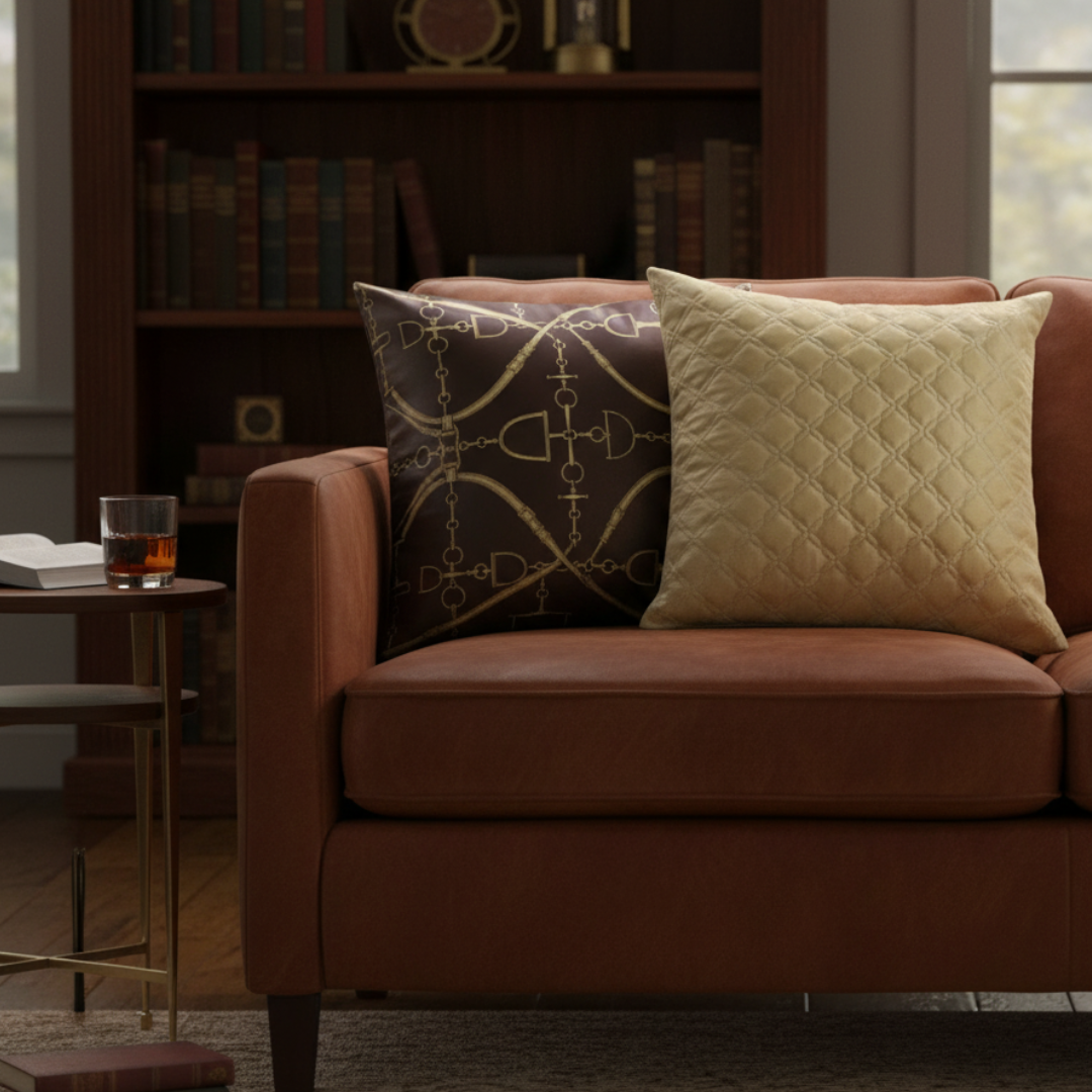 Brown sofa with decorative pillows in a cozy living room setting.