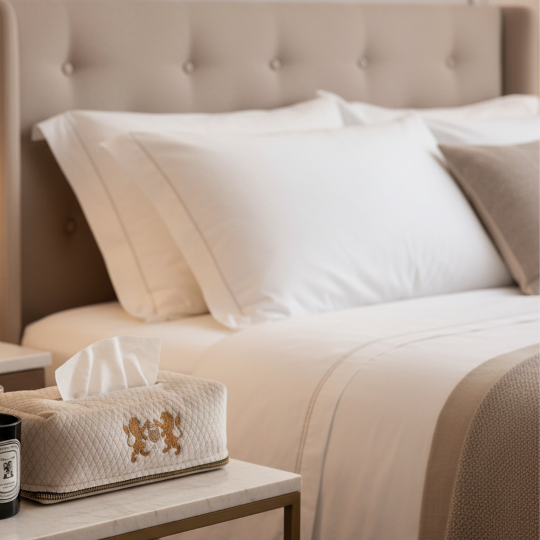 Neatly made bed with white pillows and a tissue box on a nightstand.