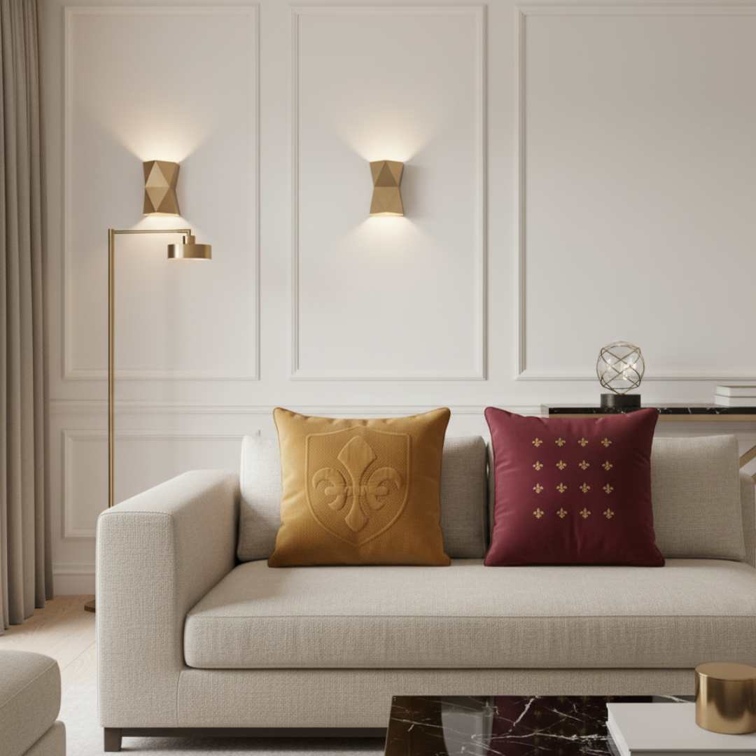 Beige sofa with decorative pillows in a stylish living room setting.