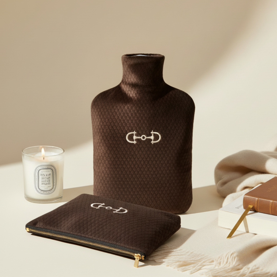Brown textured hot water bottle, pouch, and candle on a beige surface