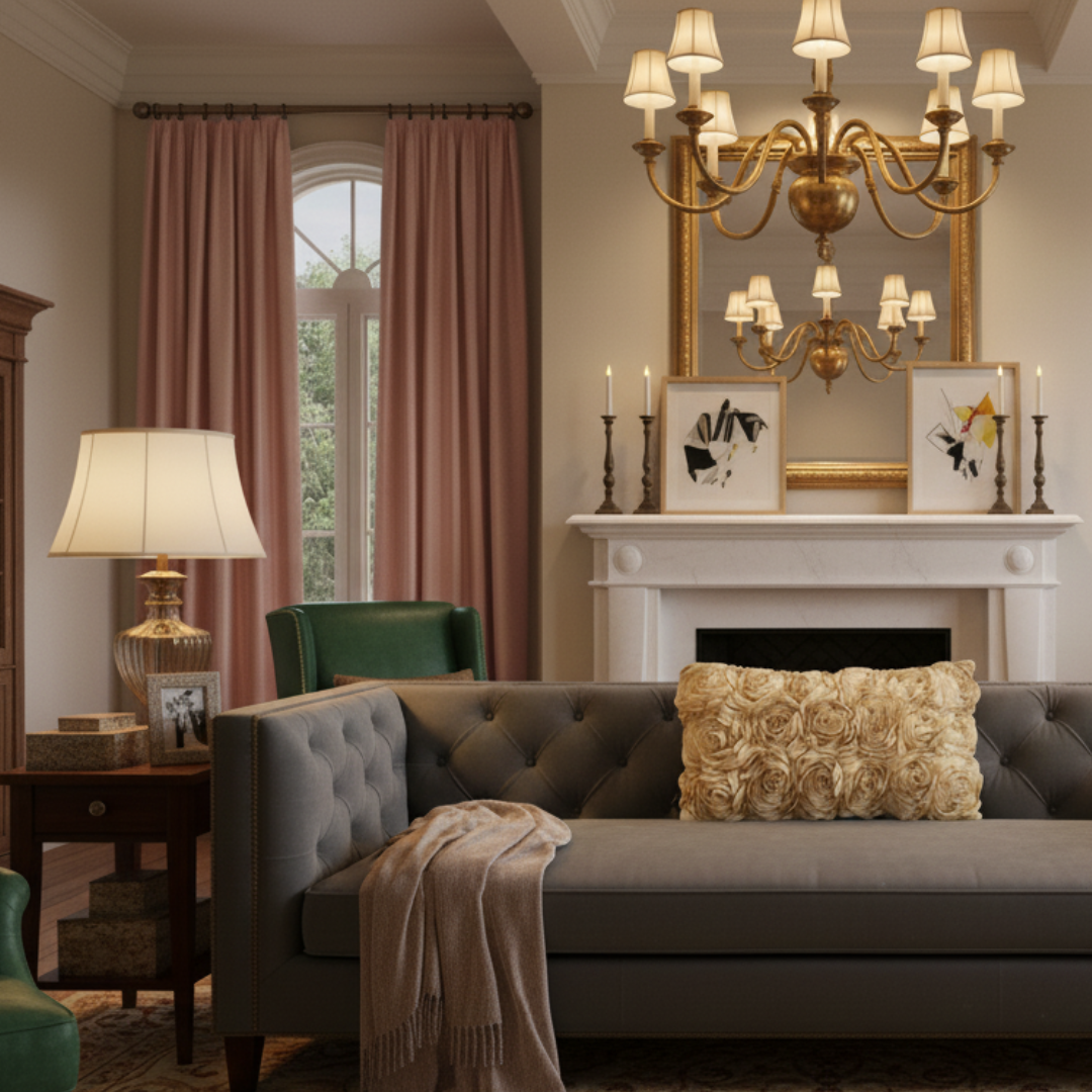 Living room with gray sofa, chandelier, and fireplace