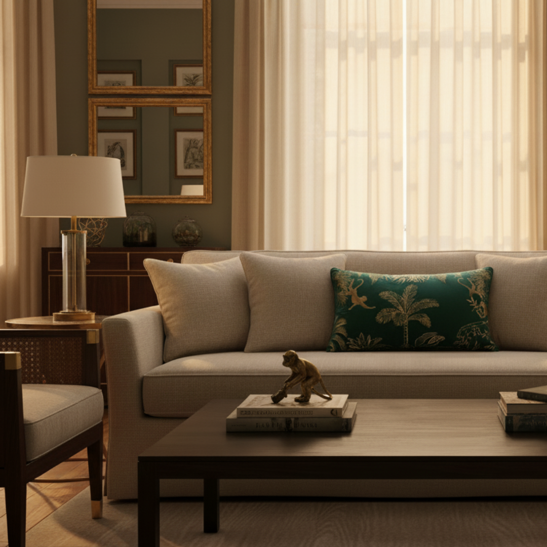 Cozy living room with a beige sofa, coffee table, and decorative items.