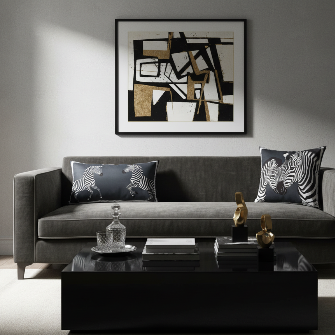 Modern living room with a gray sofa, abstract art, and decorative items.