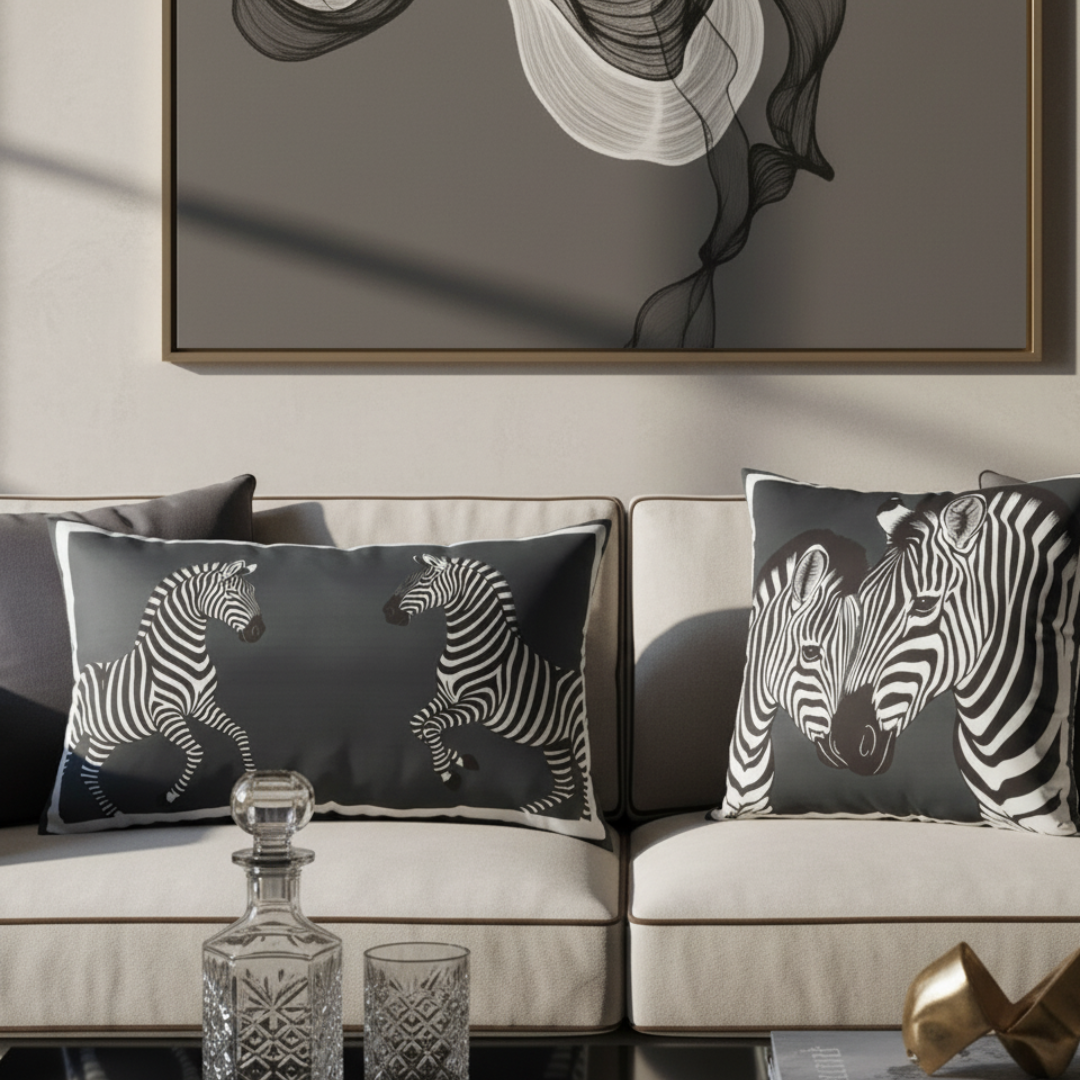 Decorative pillows with zebra pattern on a beige sofa, framed artwork above.