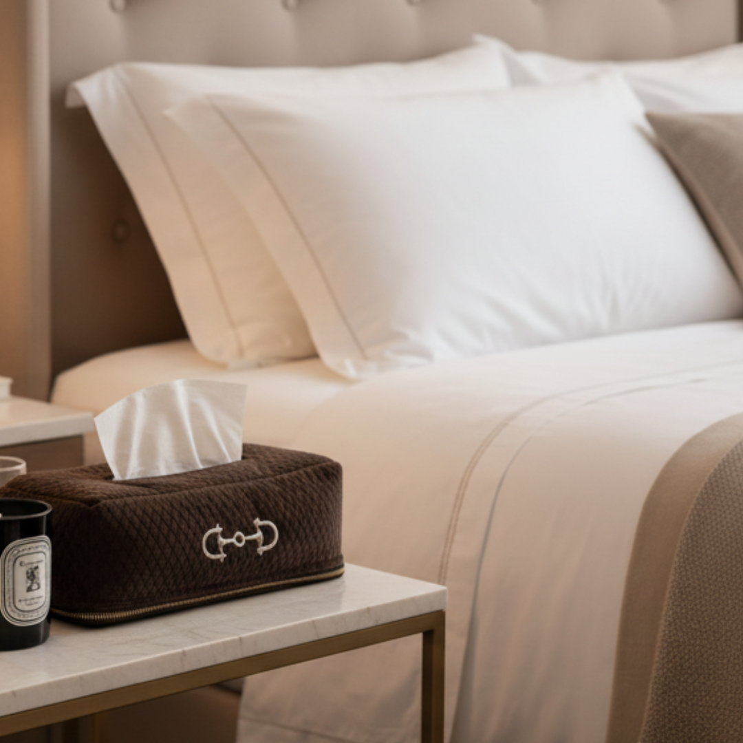 Brown tissue box with a horsebit design on a nightstand next to a bed with white pillows and sheets.