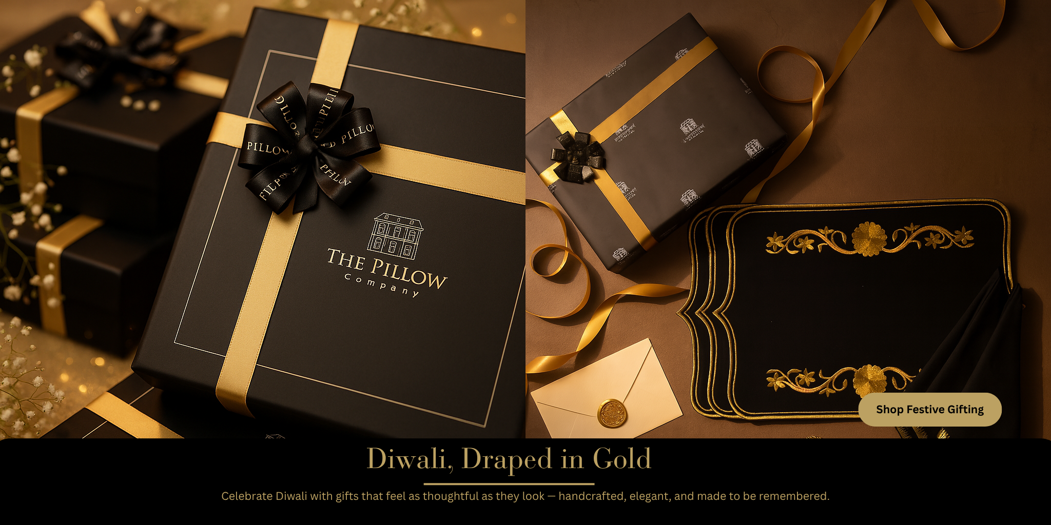 Black gift box with gold accents and 'The Pillow Company' branding on a brown background.