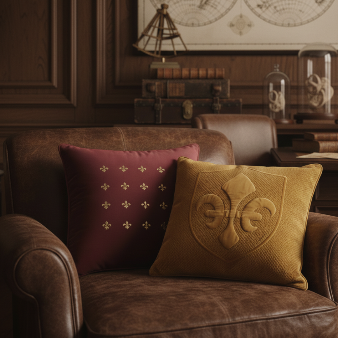 Brown leather sofa with decorative pillows featuring emblem designs, in a room with vintage decor.