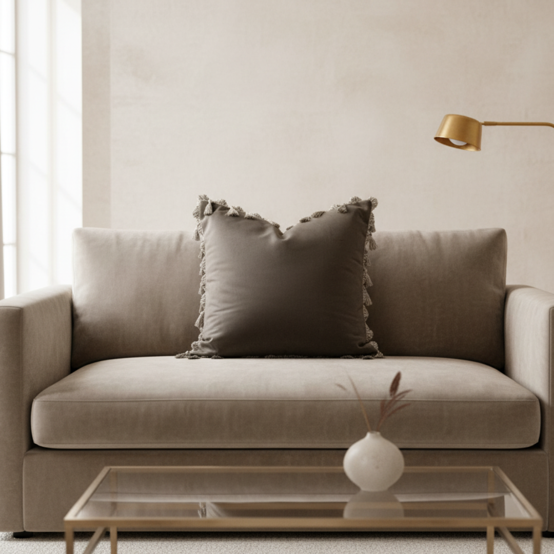 Beige sofa with a decorative pillow in a living room setting