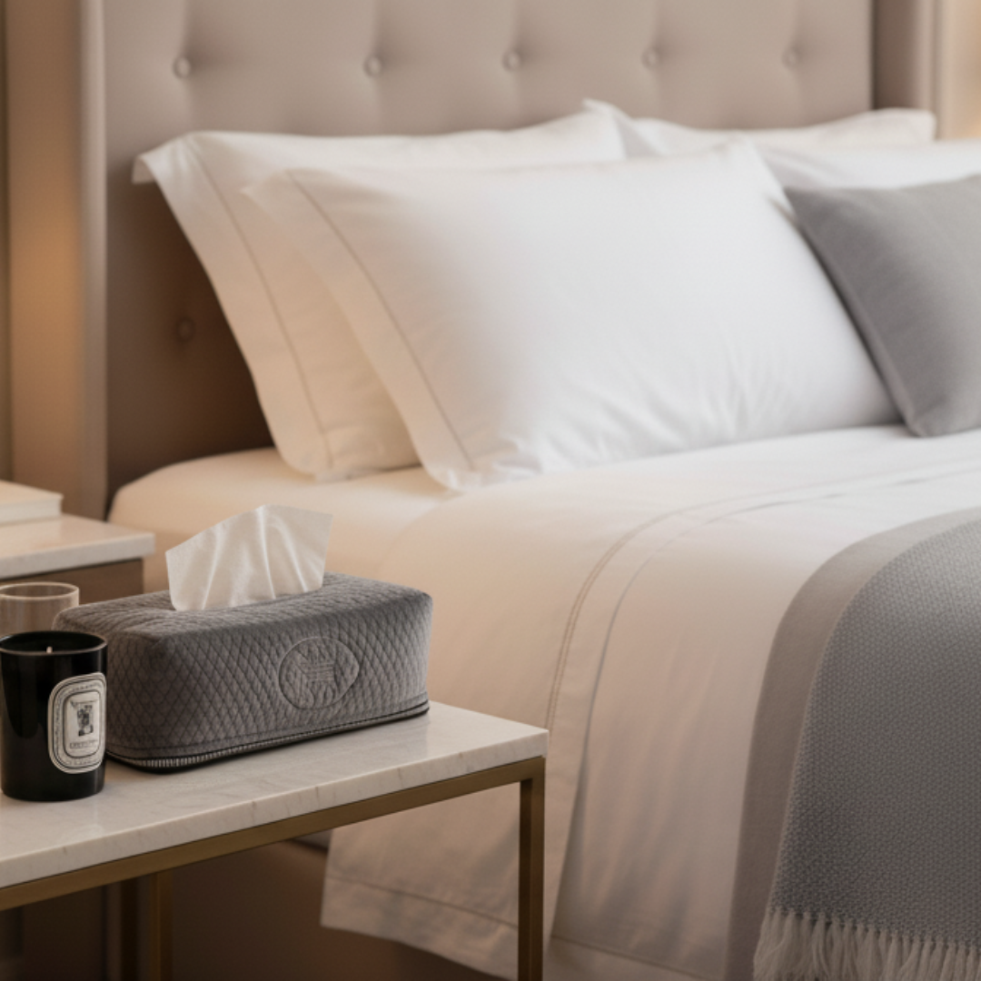 Neatly made bed with white bedding and gray blanket, tissue box, and candle on a nightstand.