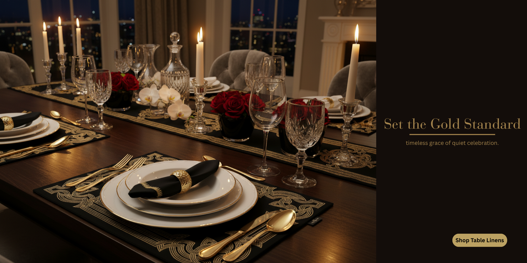 Elegant dinner table setting with candles and fine china, featuring the brand 'Set the Gold Standard'.