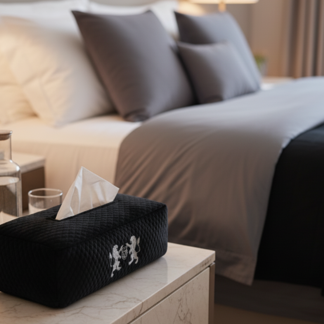 Black tissue box with a logo on a nightstand in a bedroom setting