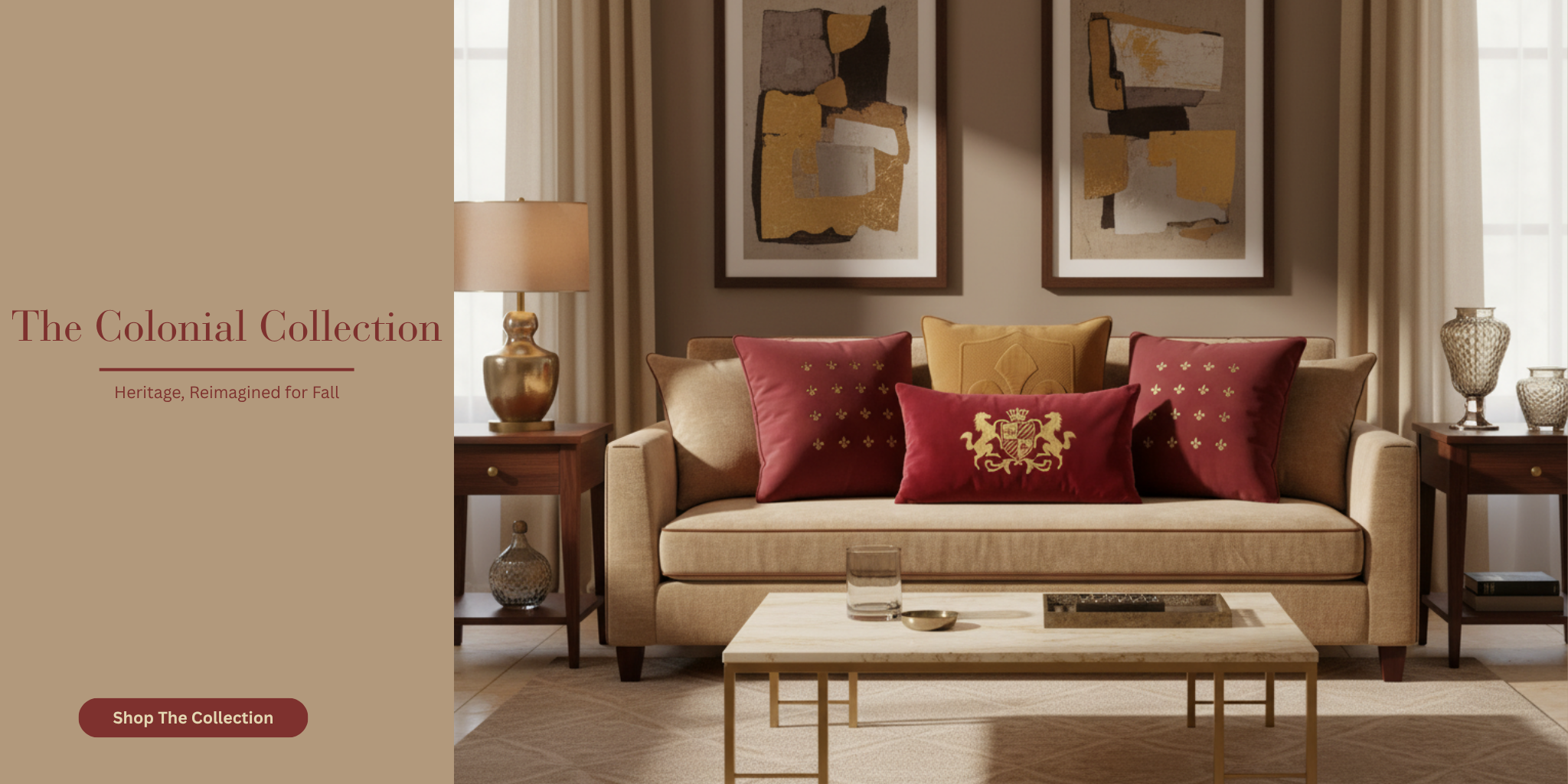 Living room with beige sofa, red and gold pillows, and abstract art on a beige wall.