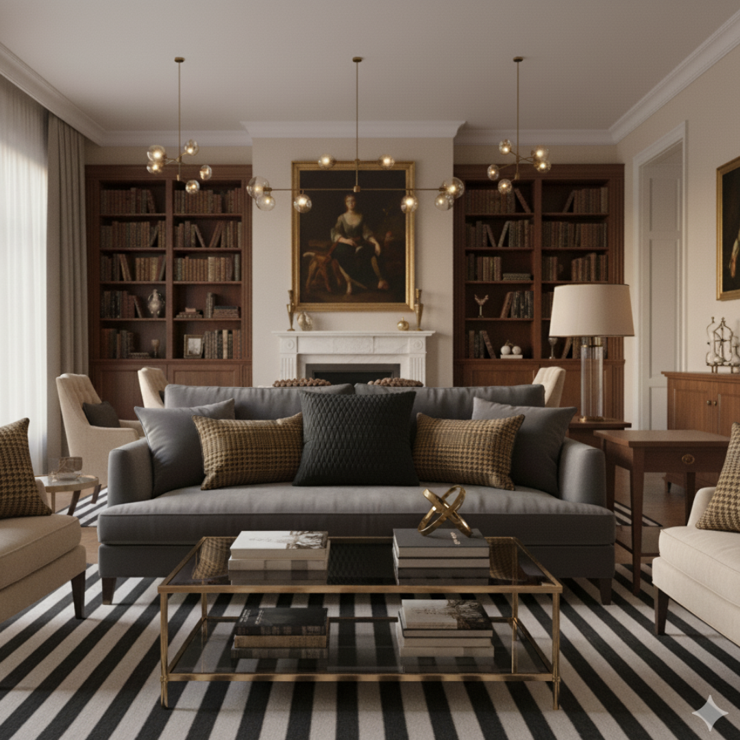 Luxurious living room with gray sofa, bookshelves, and decorative elements.