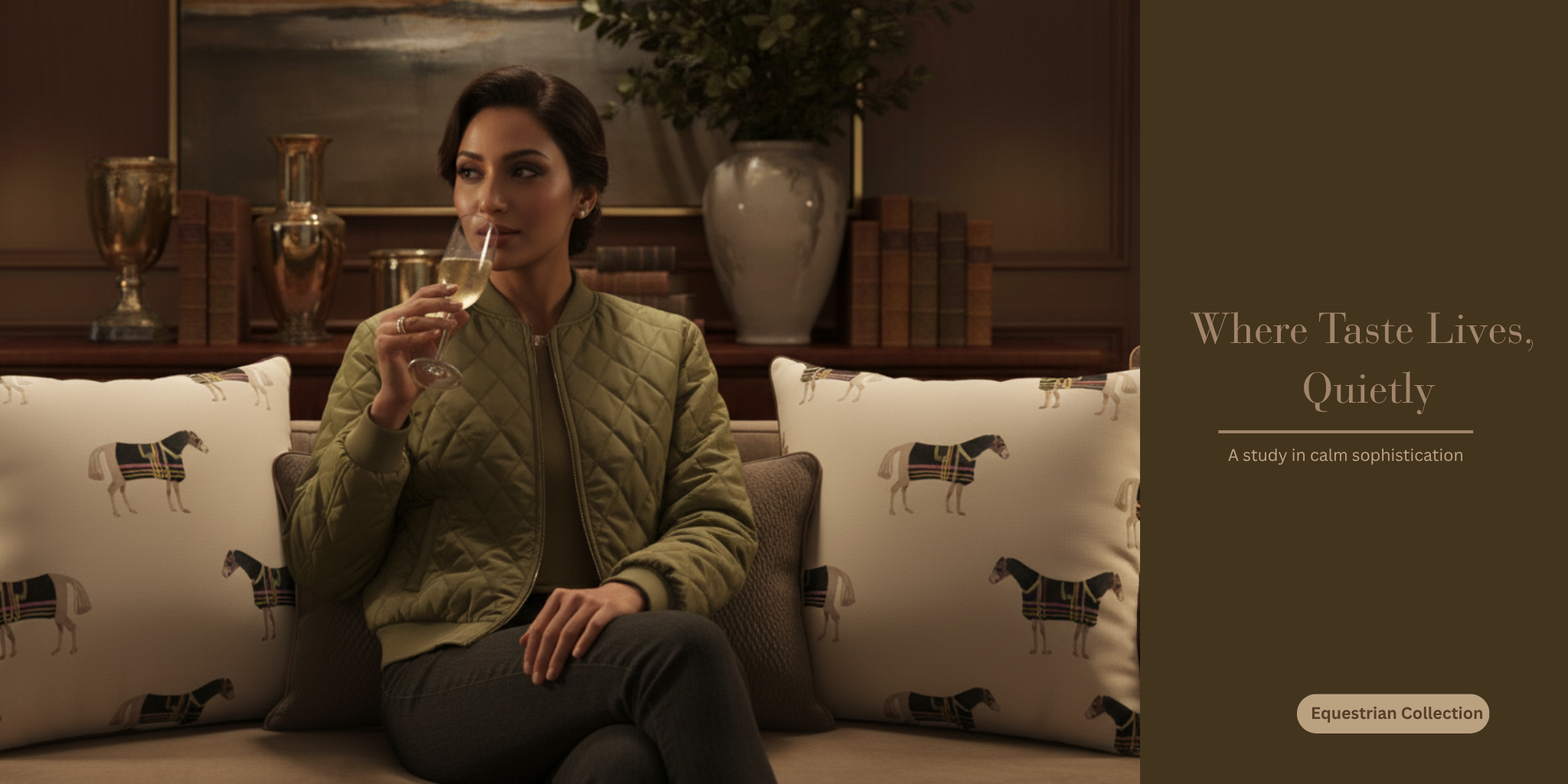 Woman sitting on a couch holding a glass of wine in a dimly lit room with decorative pillows and a painting.