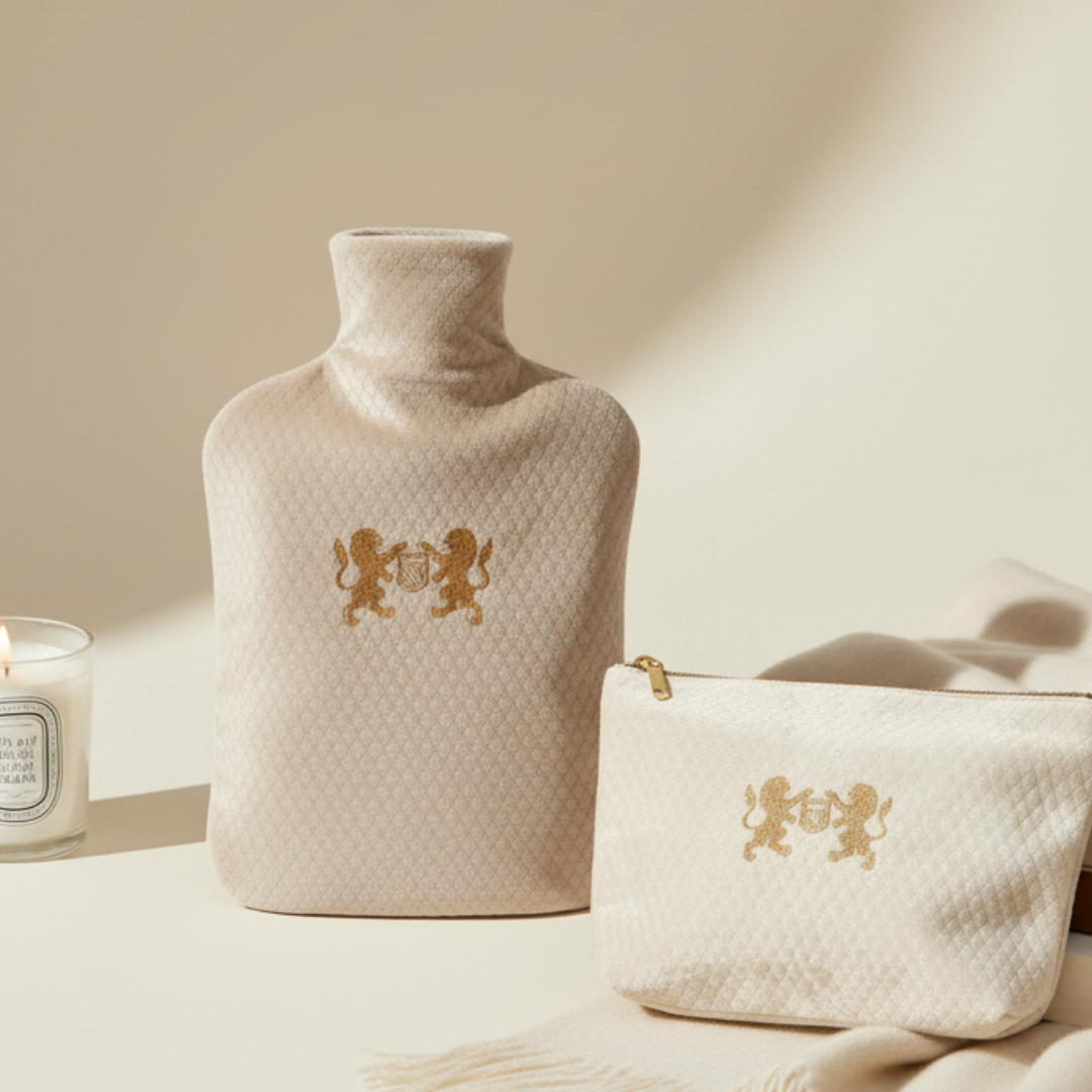 Beige hot water bottle and cover with gold emblem on a neutral background