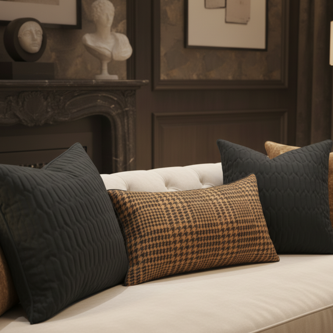 Decorative pillows on a sofa with a neutral background