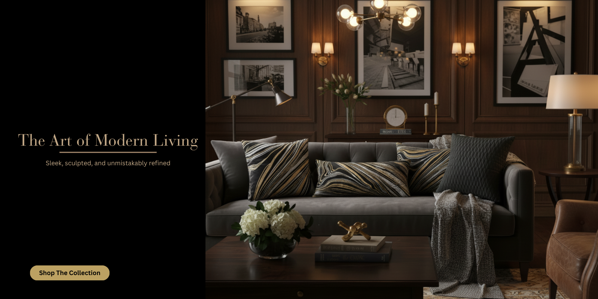 Modern living room with gray sofa, decorative pillows, and wall art.