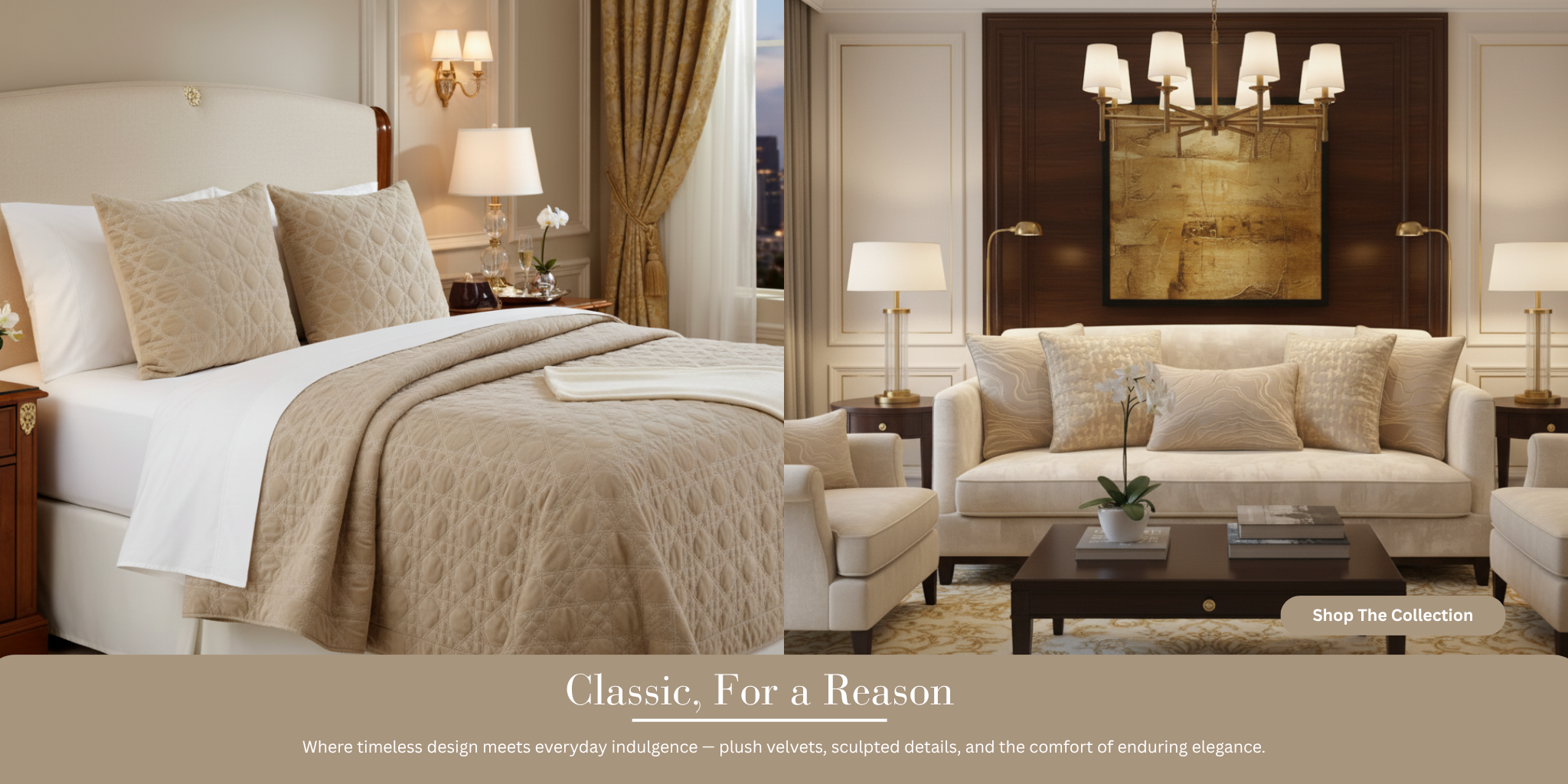 Luxurious bedroom with bed, sofa, and decor elements.