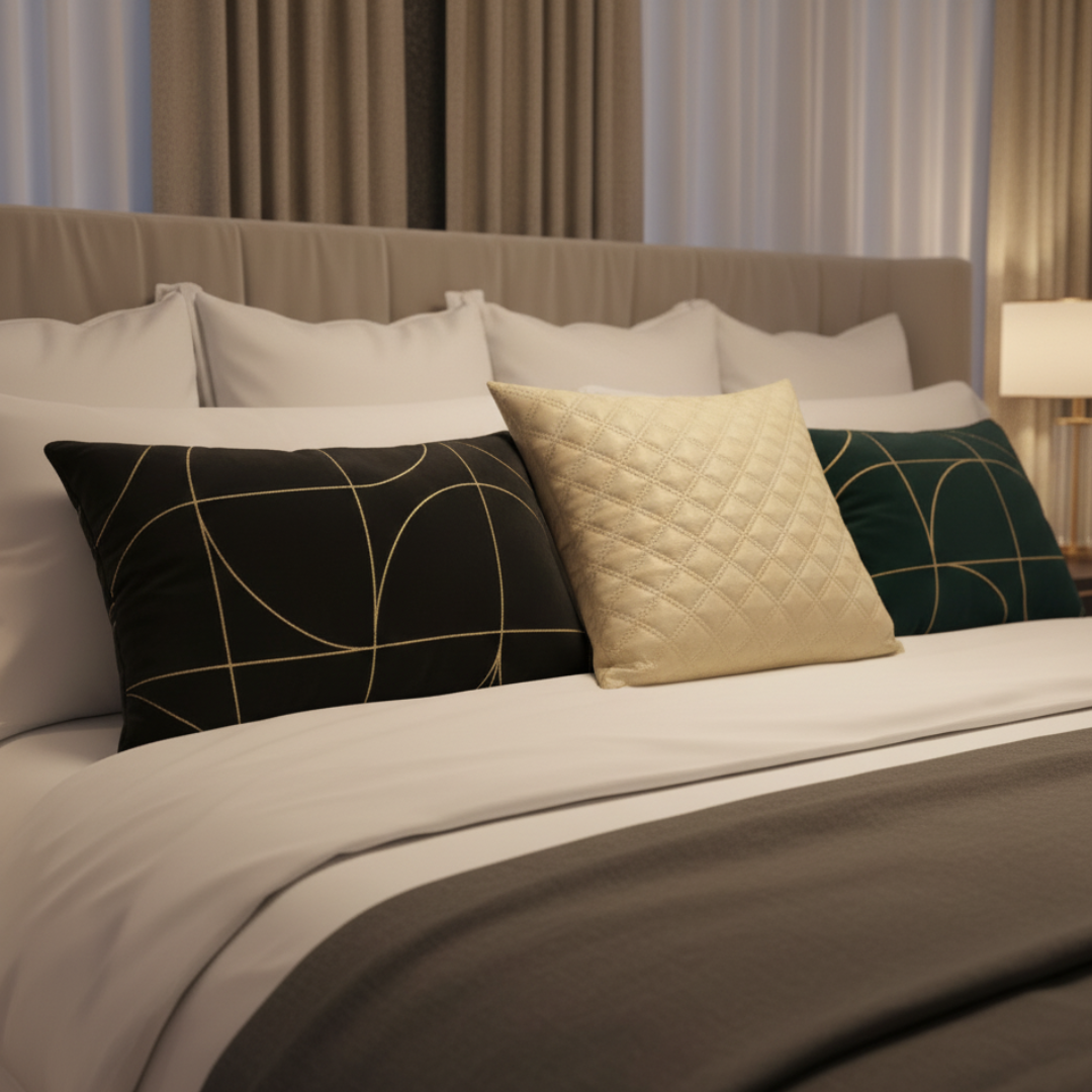 Neatly made bed with decorative pillows in a bedroom setting