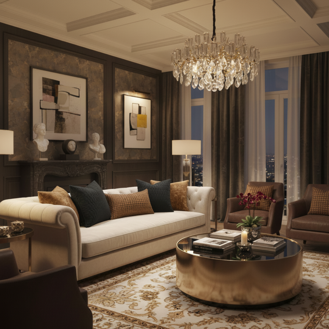 Luxurious living room with a chandelier, sofa, and coffee table.