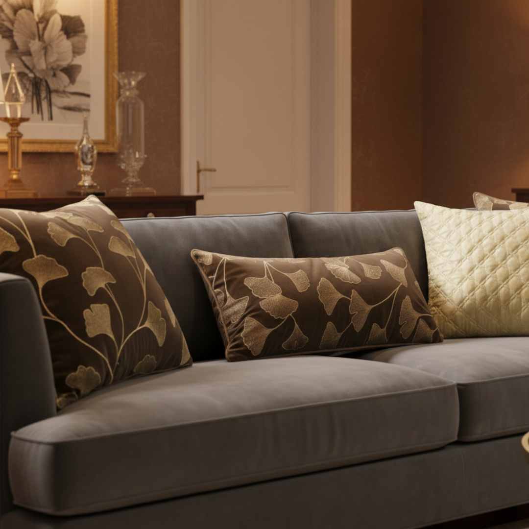 Gray sofa with patterned and quilted cushions in a living room setting.