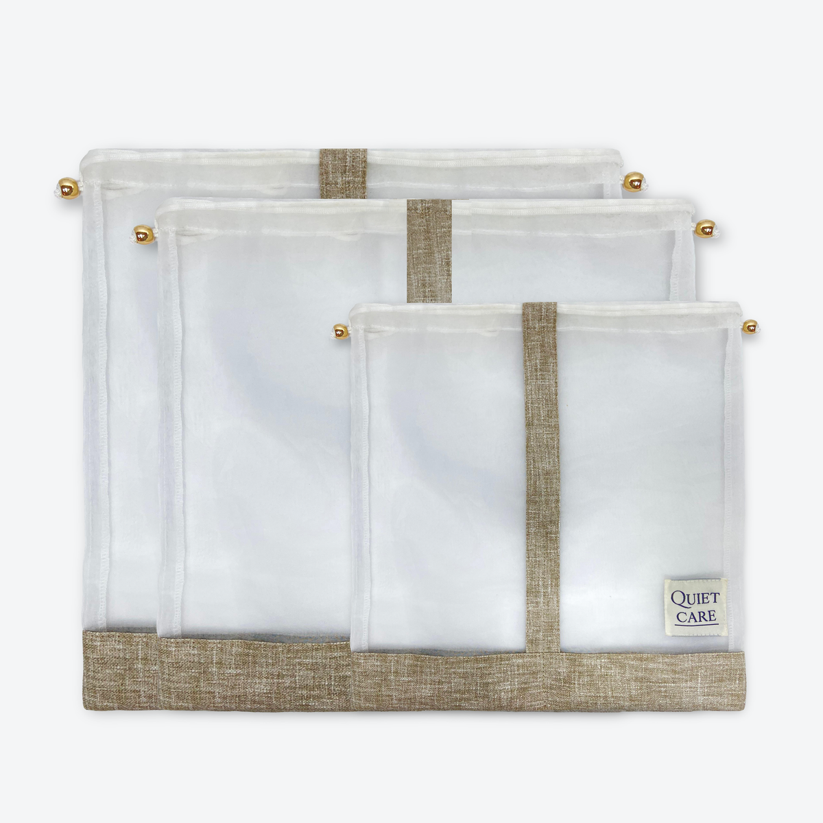 Sheer shoe bags with linen blend trim in three sizes