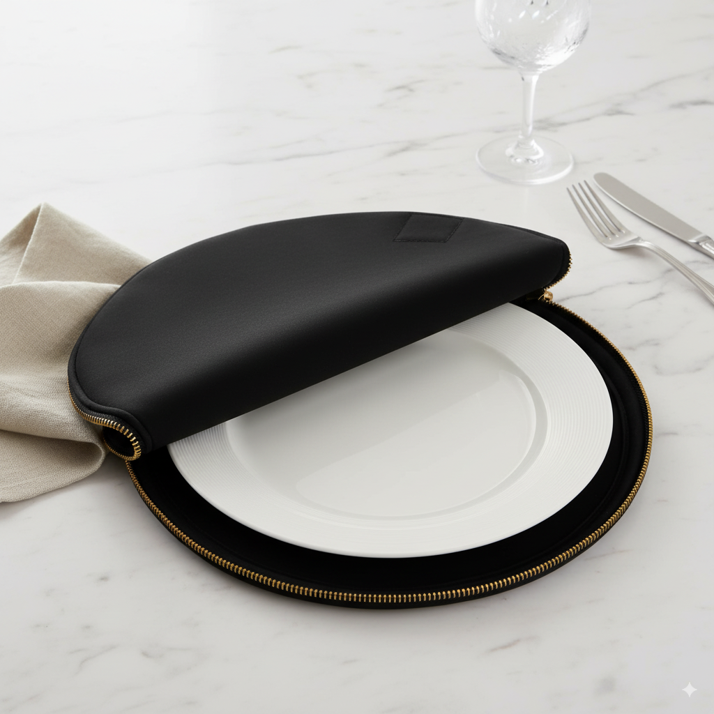 Black leather case with gold zipper on a white plate, placed on a marble surface with cutlery and a glass.