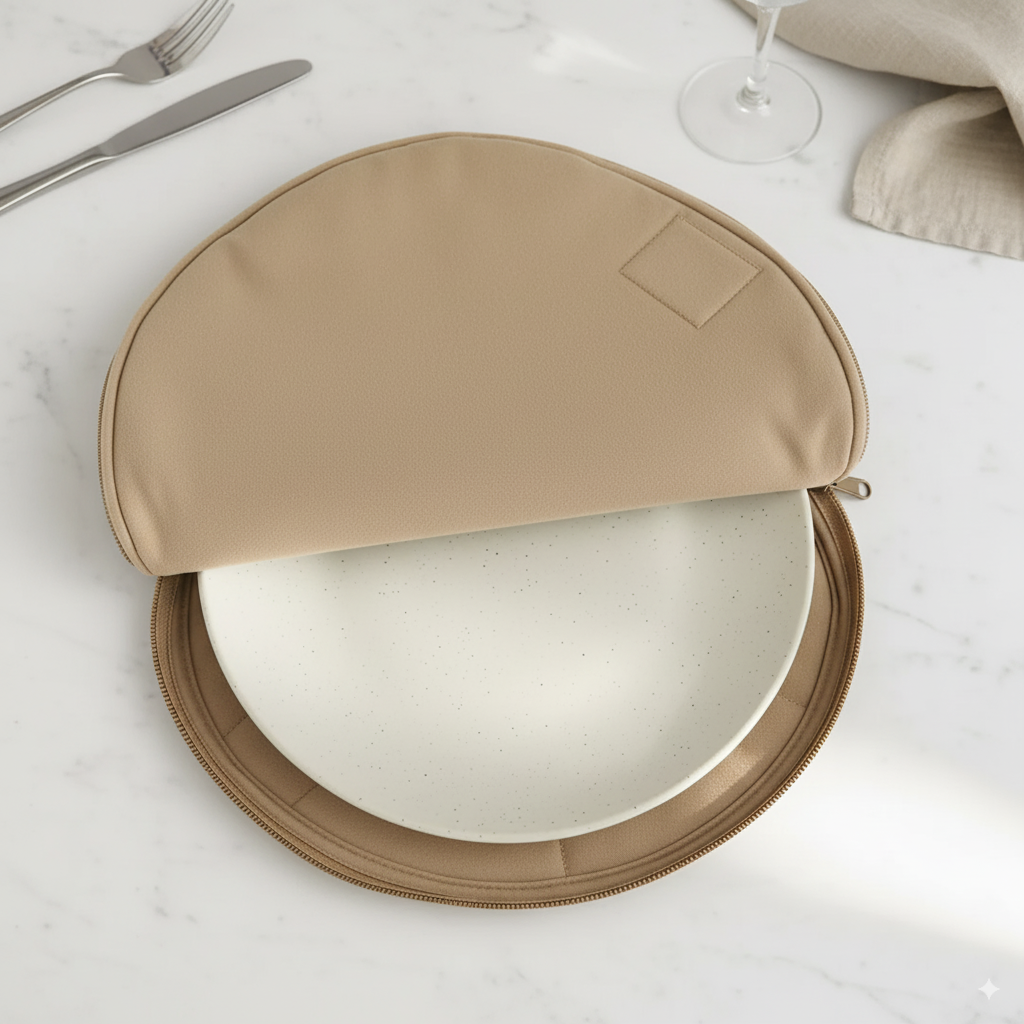Beige round cushion with a white interior on a marble surface.