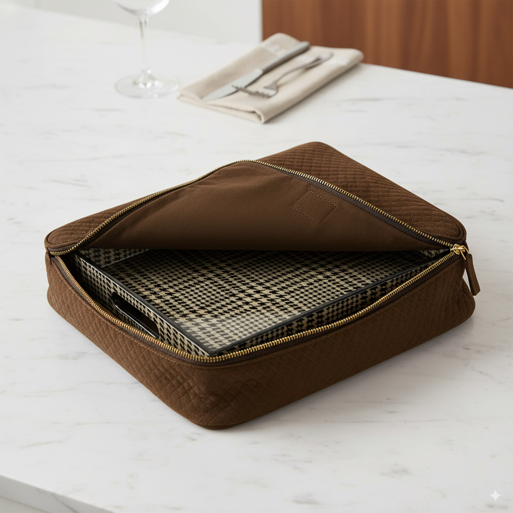 Brown travel bag with a checkered item inside on a marble surface.