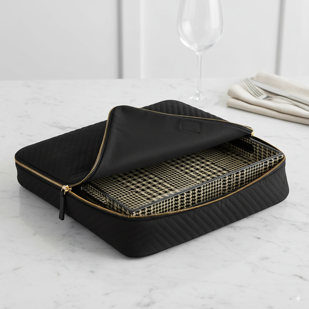 Black travel bag with gold zipper on a marble surface