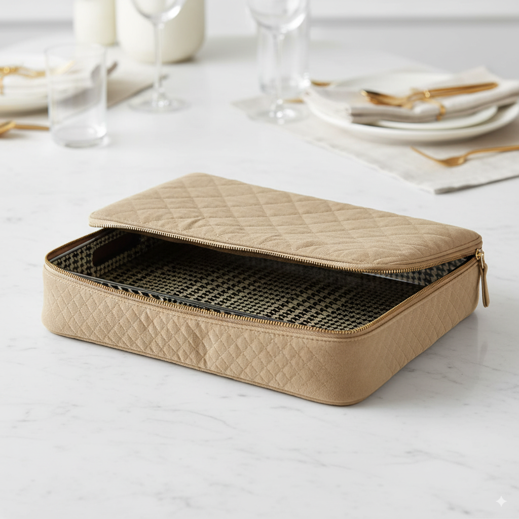 Beige quilted travel case on a marble surface with a table setting in the background