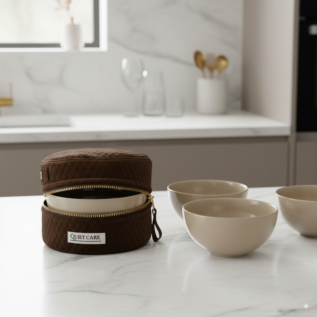 Brown carrying case with 'Quiet Care' label next to beige bowls on a marble surface.