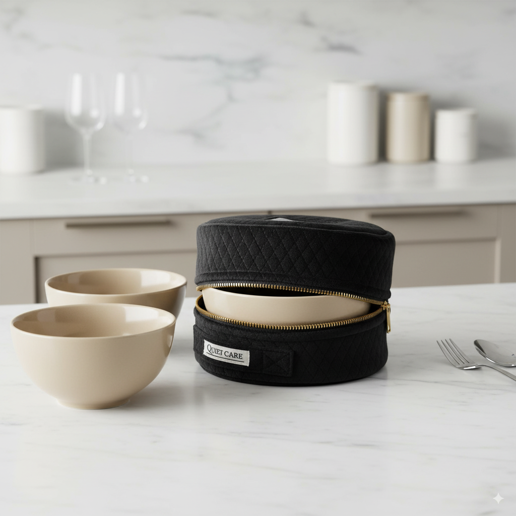 Set of beige bowls with a black carrying case on a kitchen counter.