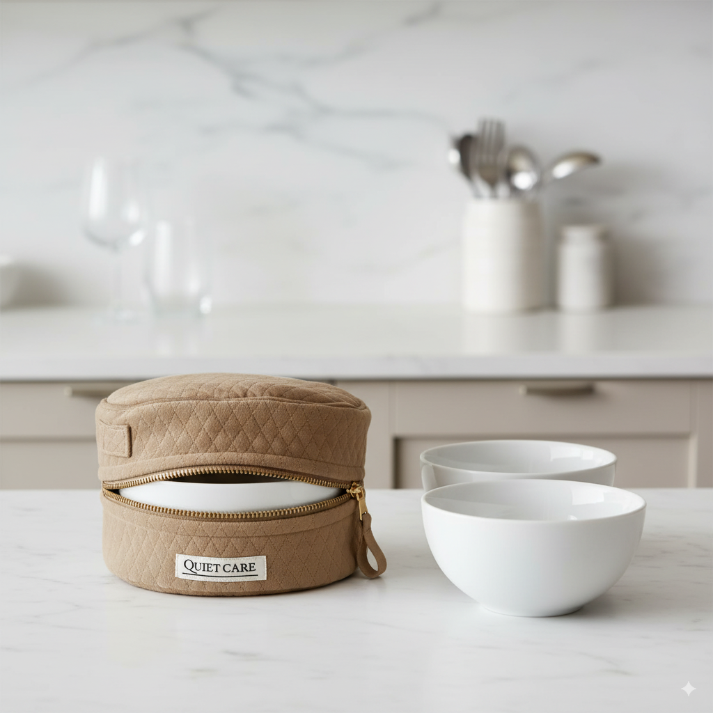 Brown quilted baby care bag with 'Quiet Care' label on a kitchen counter